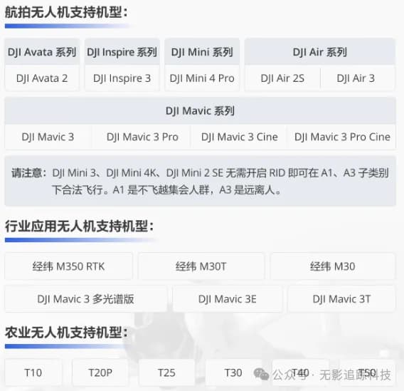 大疆无人机支持Rid的机型